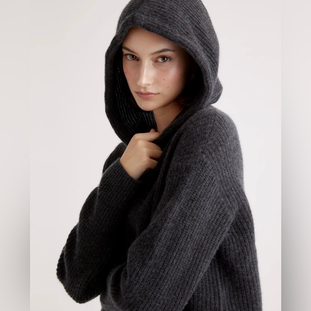 QUINCE Mongolian Cashmere Fisherman Wool Charcoal Pullover Hooded Sweater